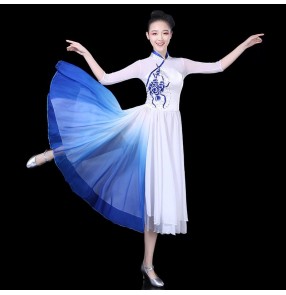 Women chinese folk dance costumes Blue White classical dance guzheng performance clothing 
